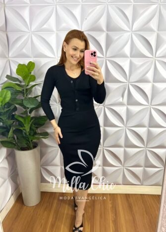 Conjunto Tricô Três Peças Manga Longa Saia Mídi Taise - Preto - Milla Chic