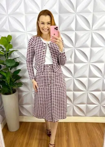 Conjunto Tweed Com Casaco e Saia Evase Elena - Cherry - Milla Chic