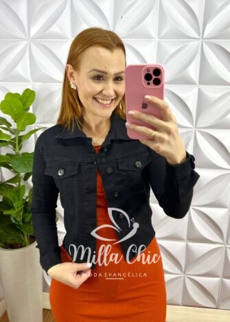 Jaqueta Jeans Com Botões Manga Longa Gabriela - Preta - Milla Chic