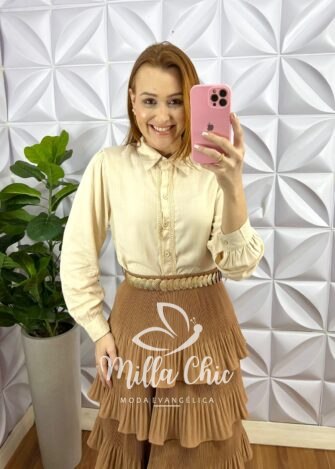 Saia Dunna Plissada Com Camadas Mídi Anylara - Areia - Milla Chic