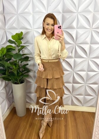 Saia Dunna Plissada Com Camadas Mídi Anylara - Areia - Milla Chic