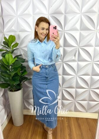 Saia Jeans Mídi Com Fenda Lateral Catarina - Azul - Milla Chic