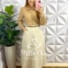 Saia Linho Evase Mídi Com Botão Dourado Luara - Areia - Milla Chic