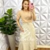 Saia Linho Godê Mídi Com Botão Dourado Luara - Areia - Milla Chic