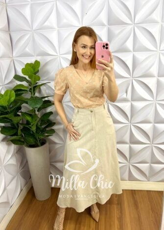 Saia Linho Godê Mídi Com Botão Dourado Luara - Areia - Milla Chic