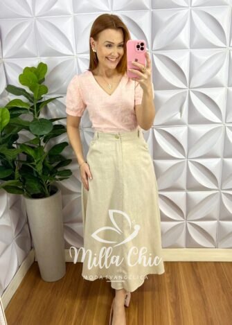 Saia Linho Godê Mídi Com Botão Dourado Luara - Areia - Milla Chic