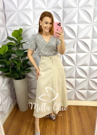 Saia Linho Godê Mídi Com Botão Dourado Luara - Areia - Milla Chic