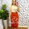 Saia Linho Natural Reta Com Fenda Frontal Camélia - Terra Cota - Milla Chic