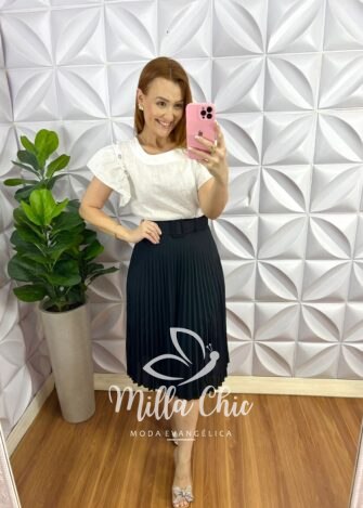 Saia Plissada Alfaiataria Com Cinto Encapado Marina - Preta - Milla Chic