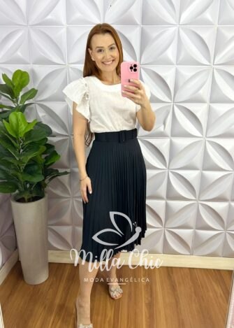 Saia Plissada Alfaiataria Com Cinto Encapado Marina - Preta - Milla Chic