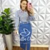 Saia Sarja Com Elastano Mídi Fenda Frontal Cristina - Azul - Milla Chic