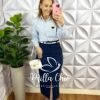 Saia Sarja Com Elastano Mídi Fenda Frontal Cristina - Azul Marinho - Milla Chic