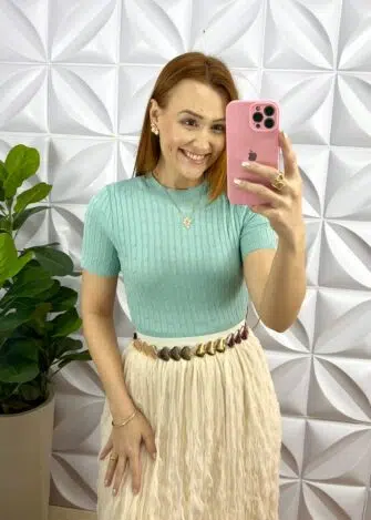 Saia Tule Marcado Mídi Com Elástico na Cintura Kerolen - Areia - Milla Chic