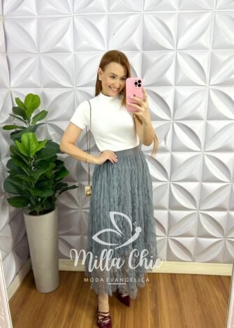 Saia Tule Marcado Mídi Com Elástico na Cintura Kerolen - Cinza - Milla Chic
