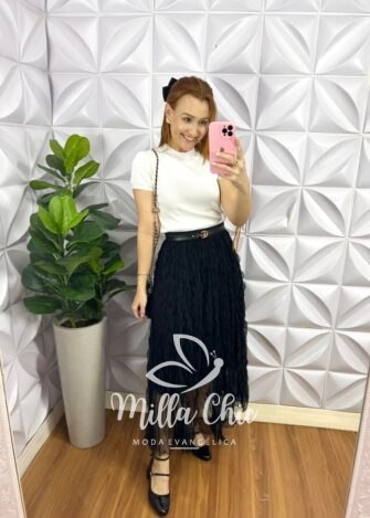 Saia Tule Marcado Mídi Com Elástico na Cintura Kerolen - Preta - Milla Chic