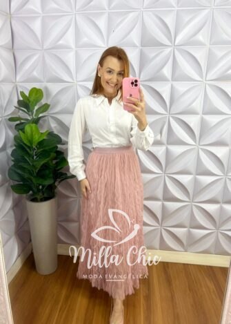 Saia Tule Marcado Mídi Com Elástico na Cintura Kerolen - Rosa - Milla Chic