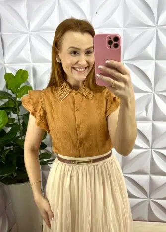 Saia Tule Mídi Com Elástico na Cintura Sabrine - Manteiga - Milla Chic