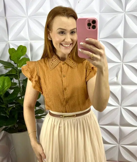 Saia Tule Mídi Com Elástico na Cintura Sabrine - Manteiga - Milla Chic