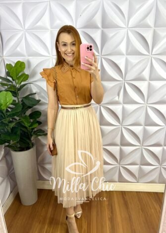 Saia Tule Mídi Com Elástico na Cintura Sabrine - Manteiga - Milla Chic