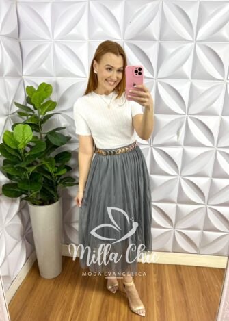 Saia Tule Mídi Com Elástico na Cintura Sabrine - Cinza - Milla Chic