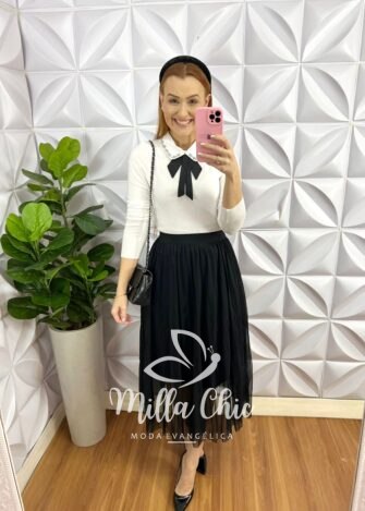 Saia Tule Mídi Com Elástico na Cintura Sabrine - Preta - Milla Chic