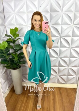 Vestido Alfaiataria Godê Manga Com Laço Na Barra Gabriela - Jade - Milla Chic