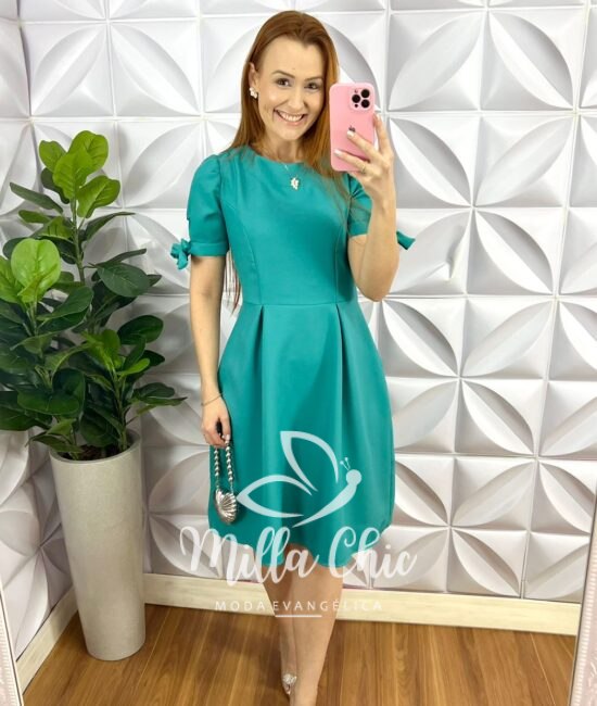 Vestido Alfaiataria Godê Manga Com Laço Na Barra Gabriela - Jade - Milla Chic