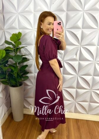 Milla Chic - millachic com br vestido chemise tricoline manga princesa max midi camila cherry 2 Vestido Chemise Tricoline Manga Princesa Max Mídi Camila - Cherry - Milla Chic