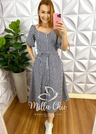 Vestido Chemise Tricoline Manga Princesa Max Mídi Camila - Listrado - Milla Chic