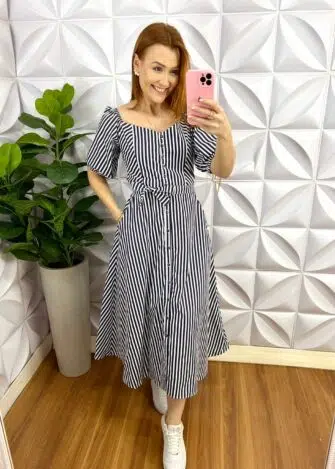 Vestido Chemise Tricoline Manga Princesa Max Mídi Camila - Listrado - Milla Chic