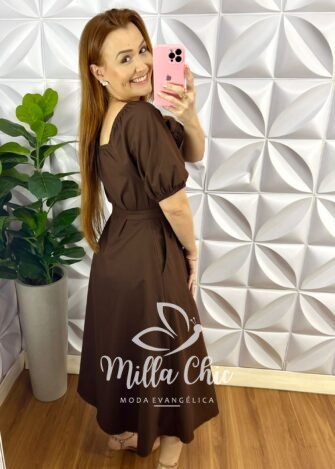 Milla Chic - millachic com br vestido chemise tricoline manga princesa midi camila marrom 1 Vestido Chemise Tricoline Manga Princesa Max Mídi Camila - Marrom - Milla Chic