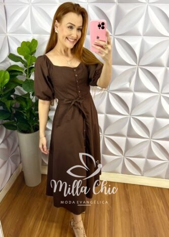 Milla Chic - millachic com br vestido chemise tricoline manga princesa midi camila marrom 2 Vestido Chemise Tricoline Manga Princesa Max Mídi Camila - Marrom - Milla Chic