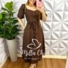 Vestido Chemise Tricoline Manga Princesa Max Mídi Camila - Marrom - Milla Chic