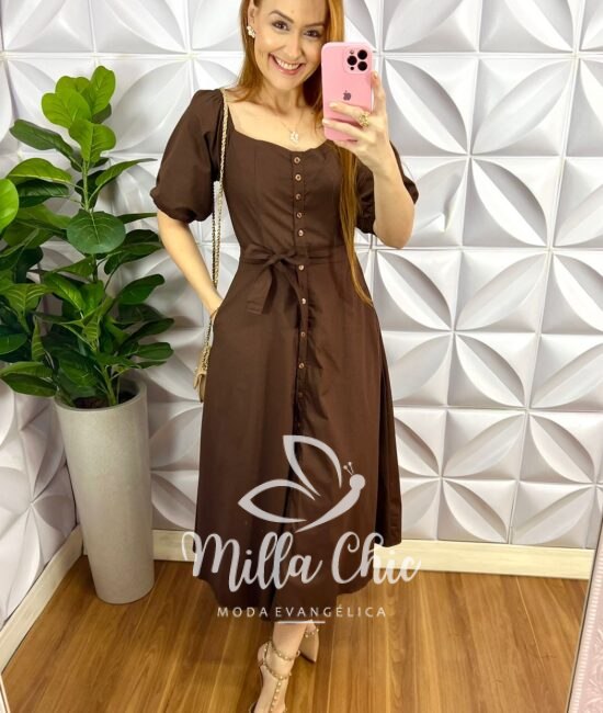 Vestido Chemise Tricoline Manga Princesa Max Mídi Camila - Marrom - Milla Chic