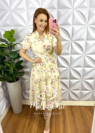 Vestido Chiffon Mídi Estampado Leticia - Amarelo - Milla Chic
