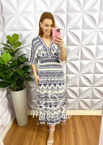 Vestido Viscolinho Decote V Manga 3/4 Lastex Na Cintura Mídi Fabiana – Azul Marinho(Estampado) - Milla Chic