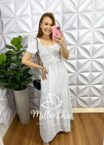 Vestido Crepe Alfaiataria Com Lastex Longo Listrado Bruna - Branco - Milla Chic