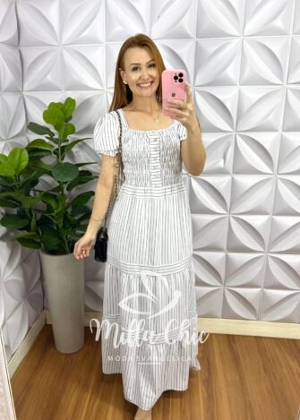 Vestido Crepe Alfaiataria Com Lastex Longo Listrado Bruna - Branco - Milla Chic