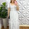 Vestido Crepe Alfaiataria Com Lastex Longo Listrado Bruna - Branco - Milla Chic