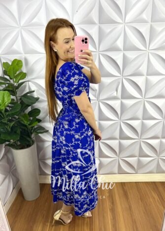 Vestido Dunna Bordado Mídi Com Cinto Encapado Bianca - Azul - Milla Chic