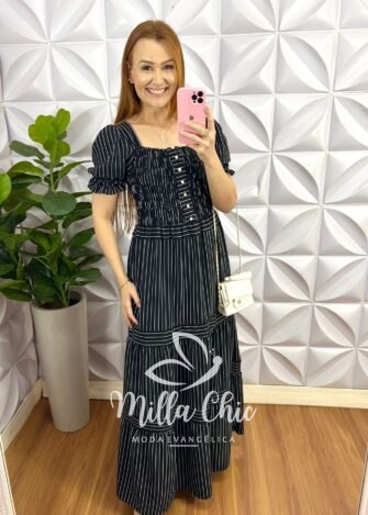 Vestido Crepe Alfaiataria Com Lastex Longo Listrado Bruna - Preto - Milla Chic