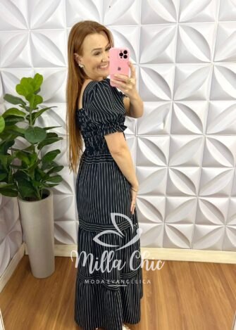 Vestido Crepe Alfaiataria Com Lastex Longo Listrado Bruna - Preto - Milla Chic