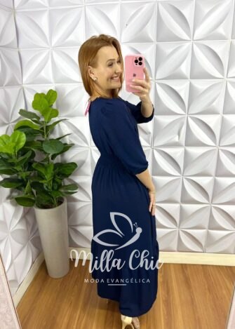 Vestido Dunna Longo Com Botões Encapados Gislaine - Azul - Milla Chic