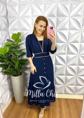 Vestido Dunna Longo Com Botões Encapados Gislaine - Azul - Milla Chic
