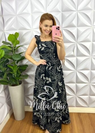Vestido Dunna Longo Manga Babadinho Julia - Preto - Milla Chic