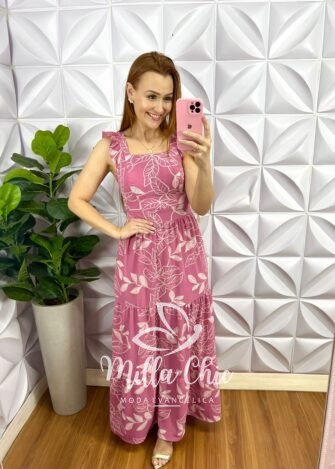 Vestido Dunna Longo Manga Babadinho Julia - Rosa - Milla Chic