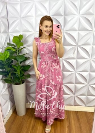 Vestido Dunna Longo Manga Babadinho Julia - Rosa - Milla Chic
