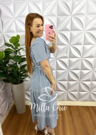 Vestido Crepe Alfaiataria Mídi Com Gola Listrado Carina - Azul - Milla Chic