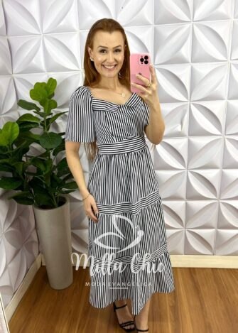 Vestido Crepe Alfaiataria Mídi Com Gola Listrado Carina - Preto - Milla Chic