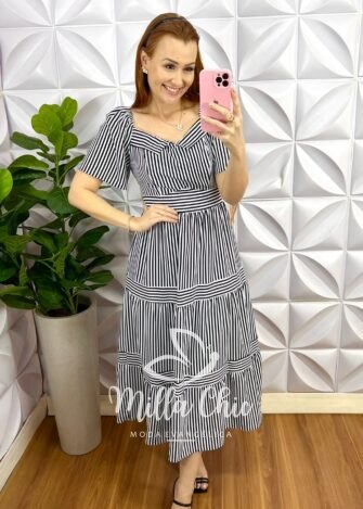 Vestido Crepe Alfaiataria Mídi Com Gola Listrado Carina - Preto - Milla Chic